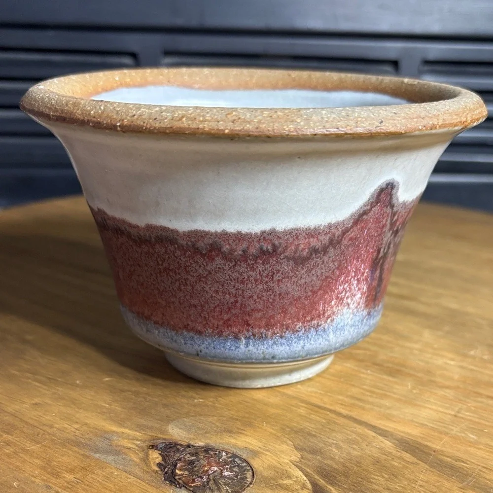 Vintage Studio Pottery Vase Handcrafted Red White Blue Swirl Drip Design 4